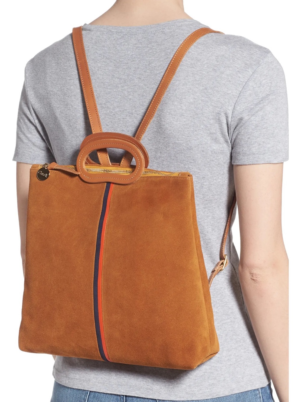 Clare V. Marcelle Suede Brown Women's Backpack with Red & Blue Stripe